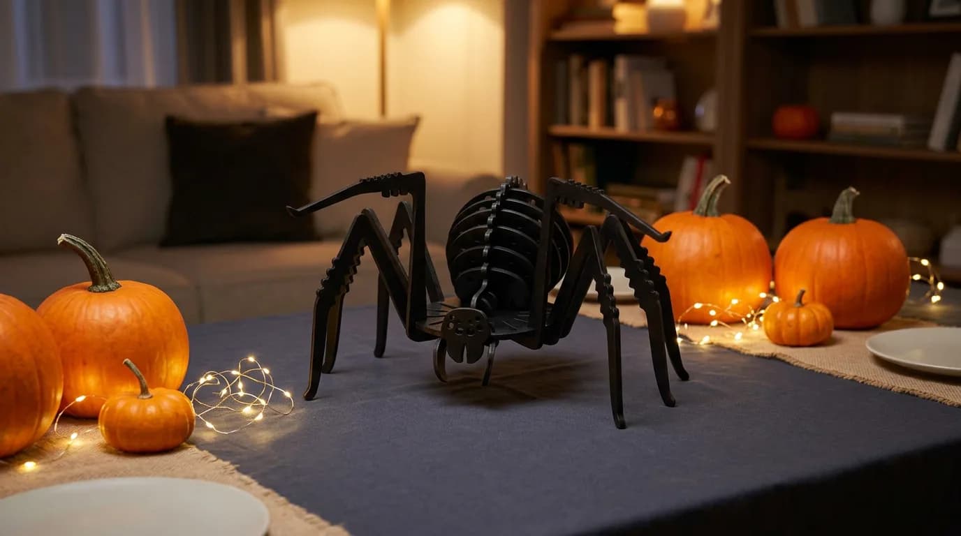 Nhện Halloween lắp ghép bằng gỗ đặt trên bàn tiệc trong phòng khách buổi tối