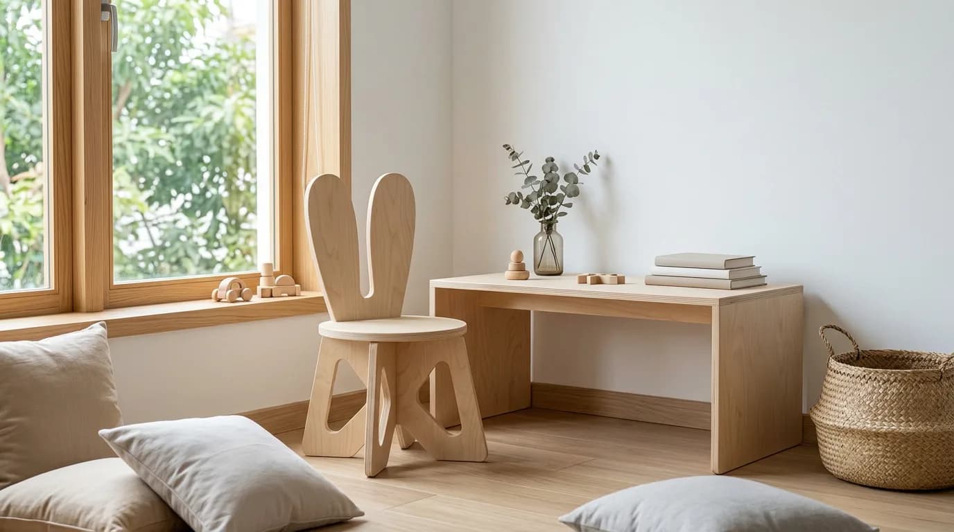 Ghế tai thỏ mầm non bằng ván ép để mộc đặt cạnh bàn thấp trong góc chơi sáng sủa của bé
