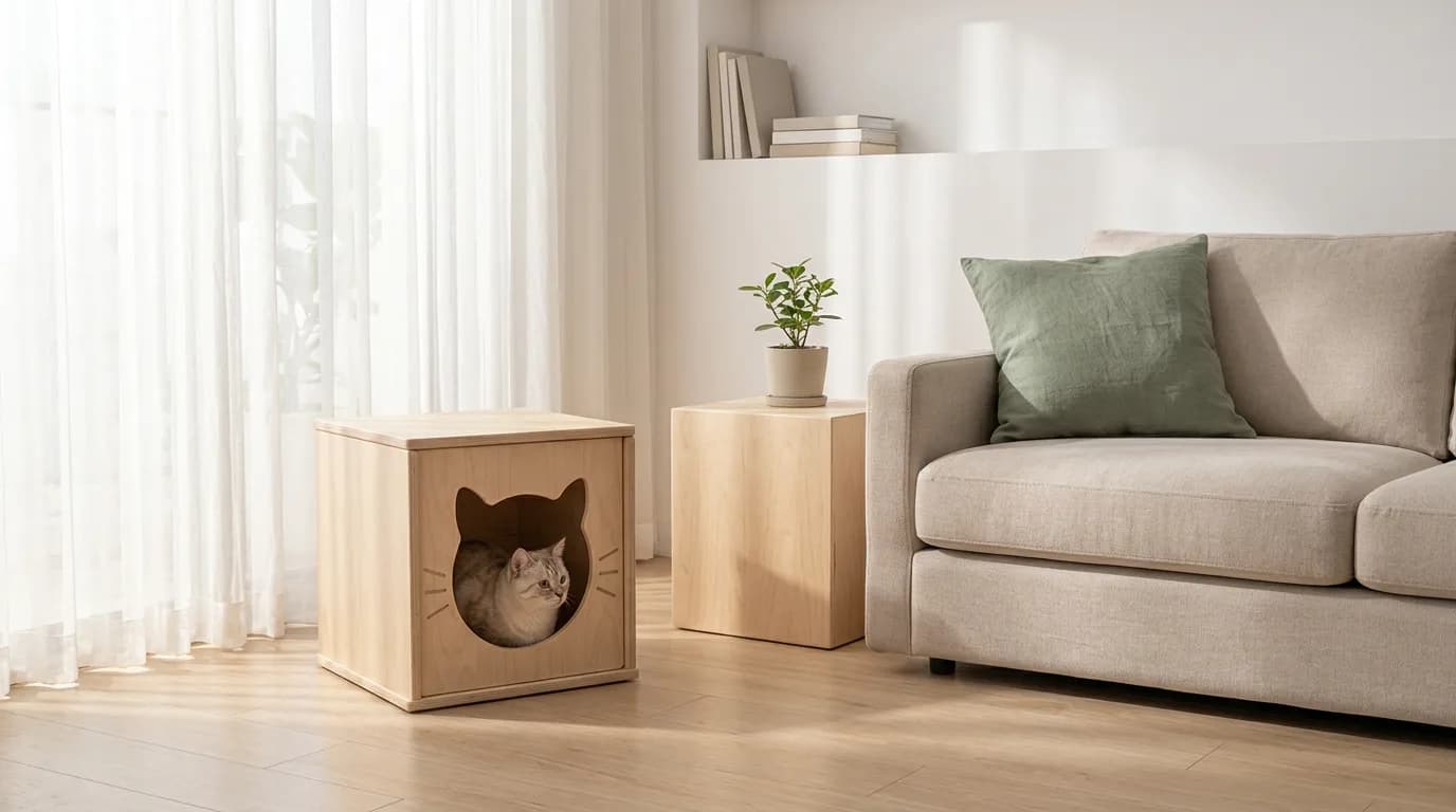 Ghế mèo bằng ván ép để mộc đặt cạnh sofa màu be trong phòng khách sáng nắng