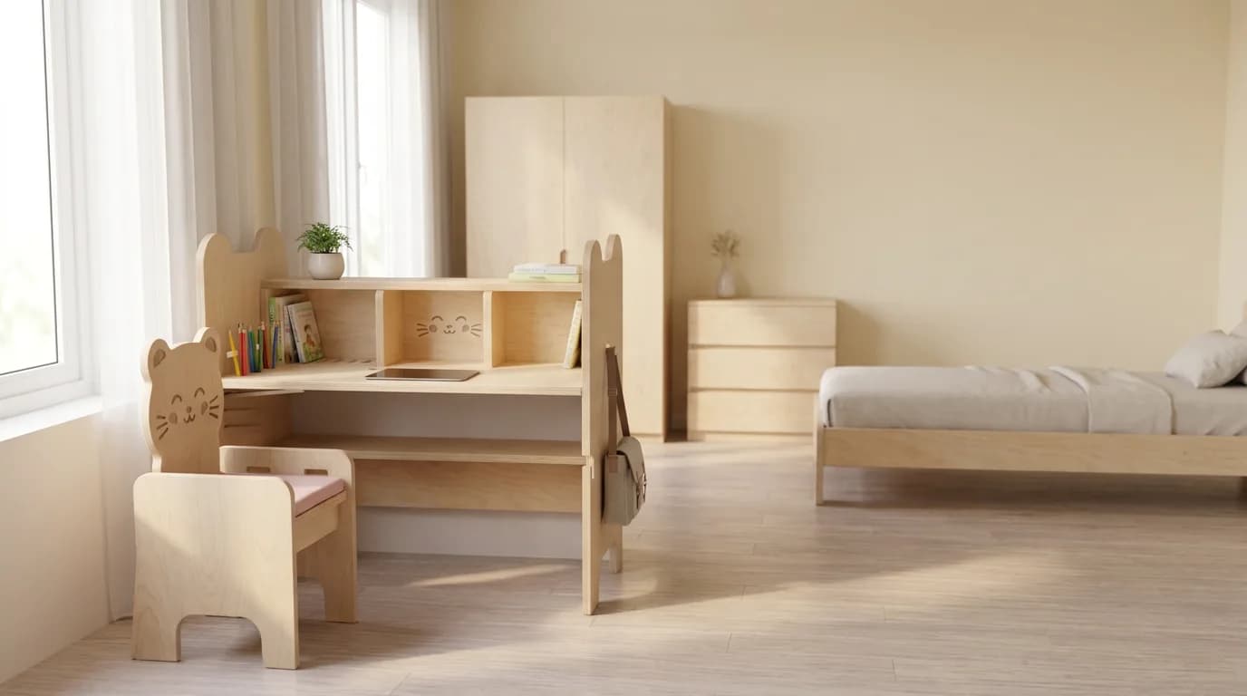 Phòng ngủ cho bé với bộ bàn ghế học Mèo Con bằng ván ép đặt cạnh cửa sổ, ánh sáng tự nhiên