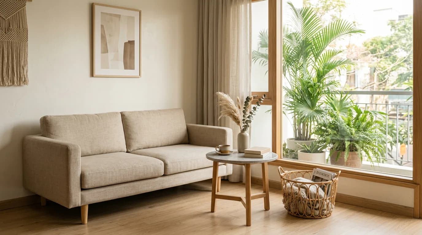 Góc phòng hiện đại kết hợp gỗ sáng màu, vải lanh, đá và mây dưới ánh sáng tự nhiên