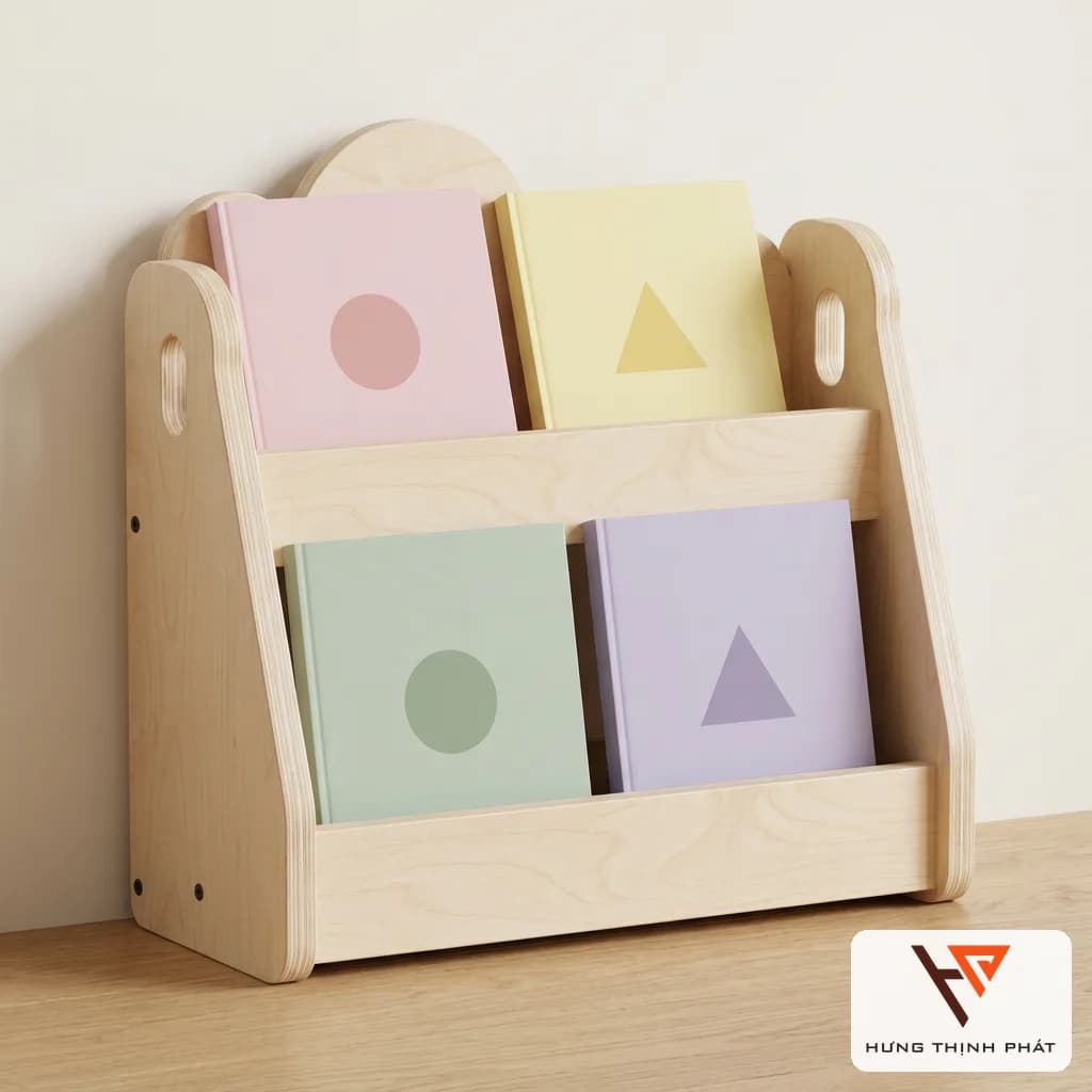 Kệ sách Montessori đám mây lưng thấp cho bé – kệ gỗ 2 tầng trưng bày sách quay bìa, ván ép tiêu chuẩn chất lượng cao