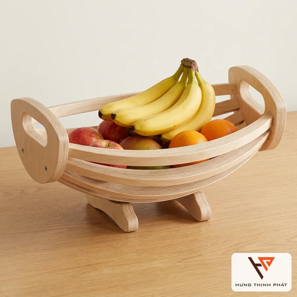 Giỏ đựng trái cây gỗ xoè quạt – giỏ nan cong để bàn ăn thiết kế riêng, ván ép An Cường để mộc
