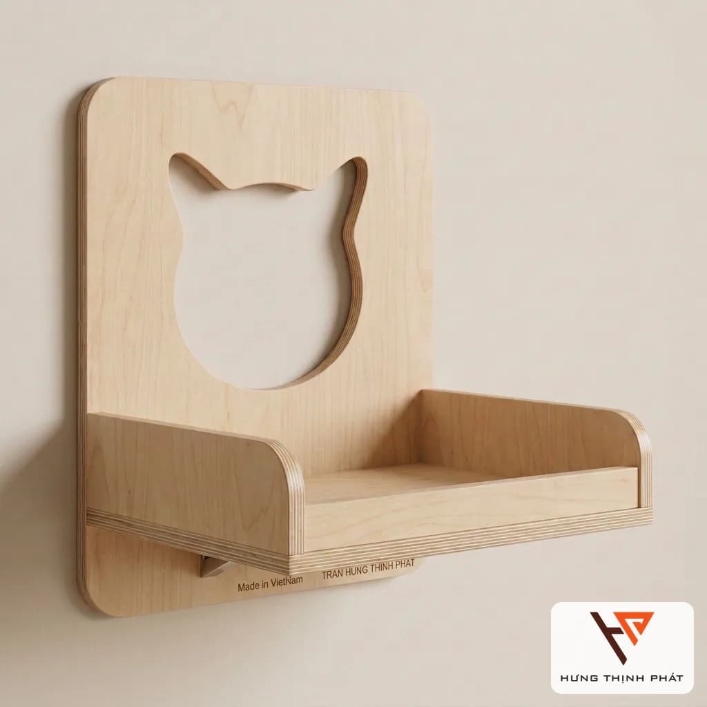 Kệ nằm mèo treo tường – kệ decor lỗ đầu mèo thiết kế riêng, gờ cao giữ đệm, ván ép An Cường