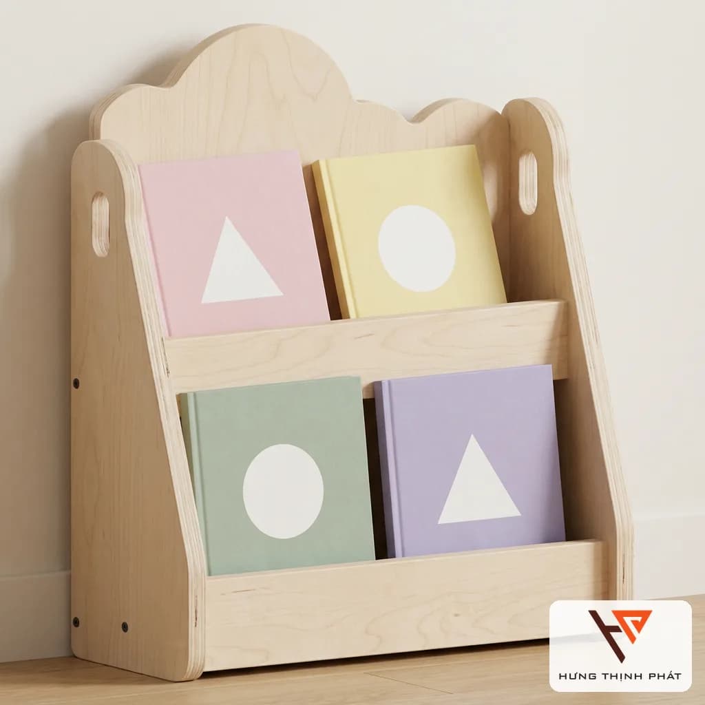 Kệ sách Montessori đám mây mini cho bé – kệ gỗ 2 tầng trưng bày sách quay bìa, ván ép An Cường