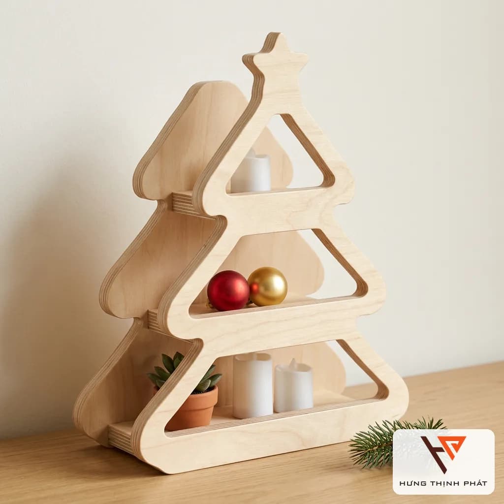 Kệ để bàn hình cây thông 3 tầng – kệ để đồ mini trang trí Noel thiết kế riêng, ván ép An Cường để mộc