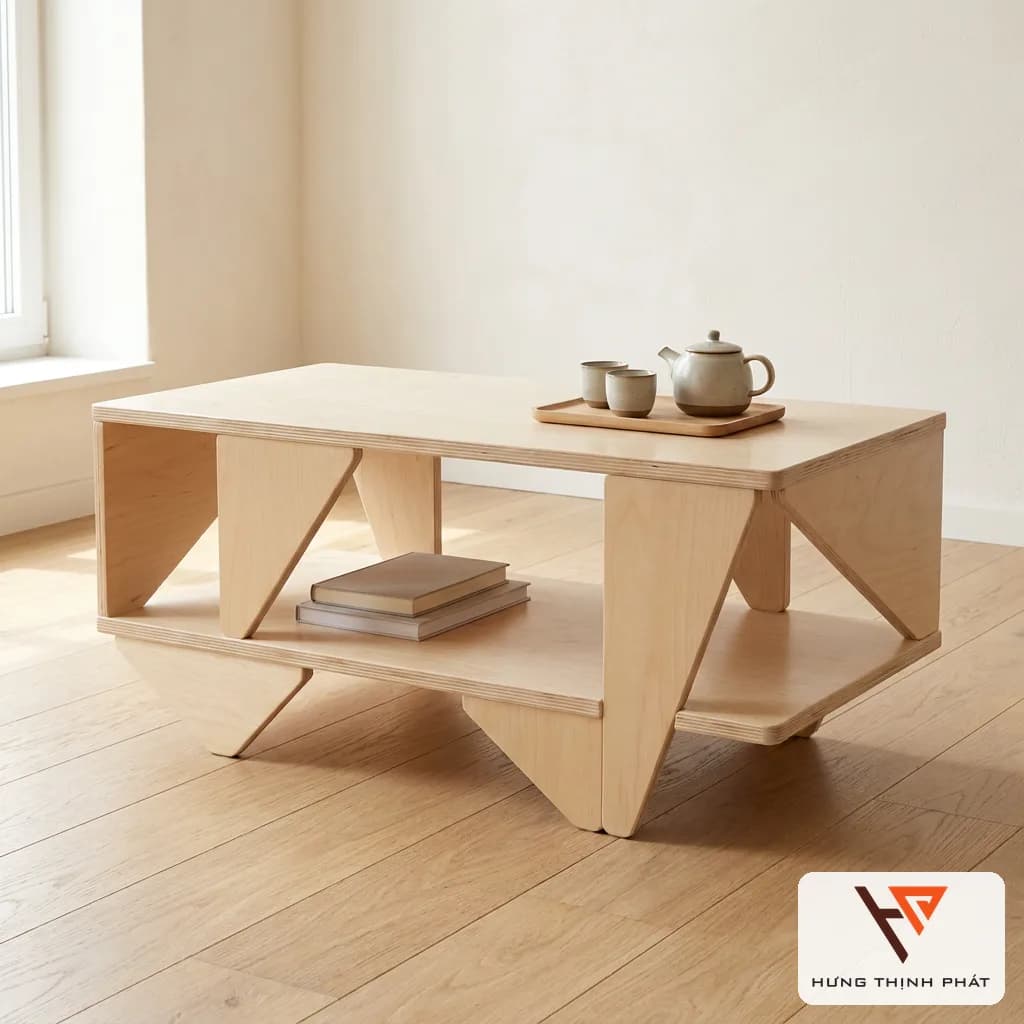 Bàn trà gỗ tam giác compact 80 x 42 cm – bàn sofa nhỏ cho căn hộ có đợt dưới, ván ép An Cường để mộc