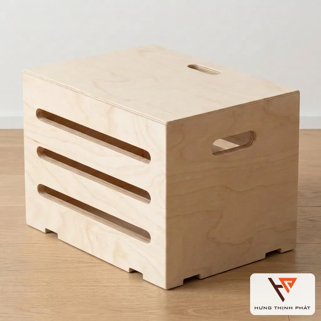 Thùng gỗ đựng đồ xếp chồng có nắp kiêm ghế đôn – thùng nan thưa thiết kế riêng, ván ép An Cường để mộc