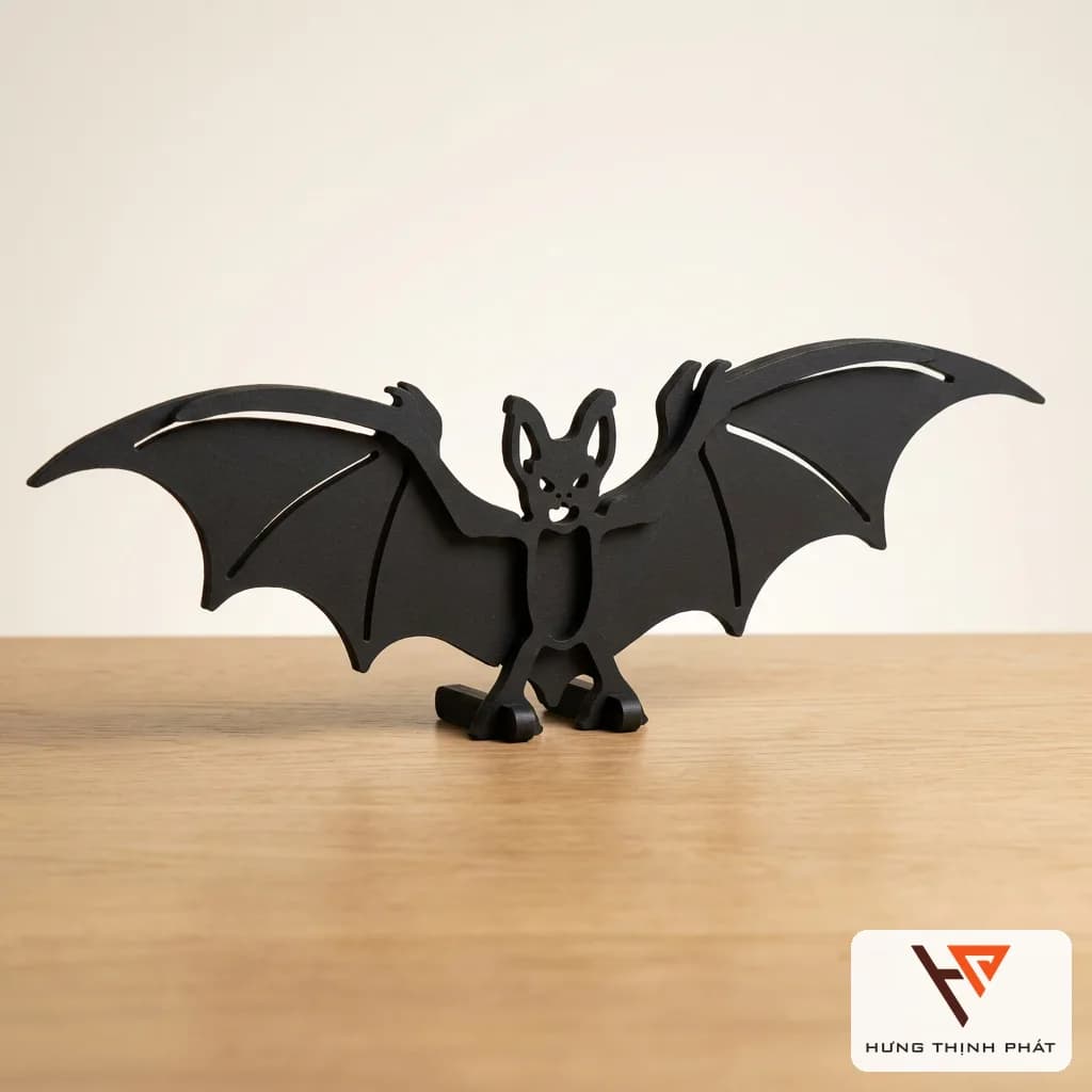 Dơi Halloween gỗ sơn đen sải cánh 104cm, 2 lớp nổi khối, mặt khoét thủng – trang trí bàn tiệc, kệ, quầy, thiết kế riêng, gia công CNC tinh xảo
