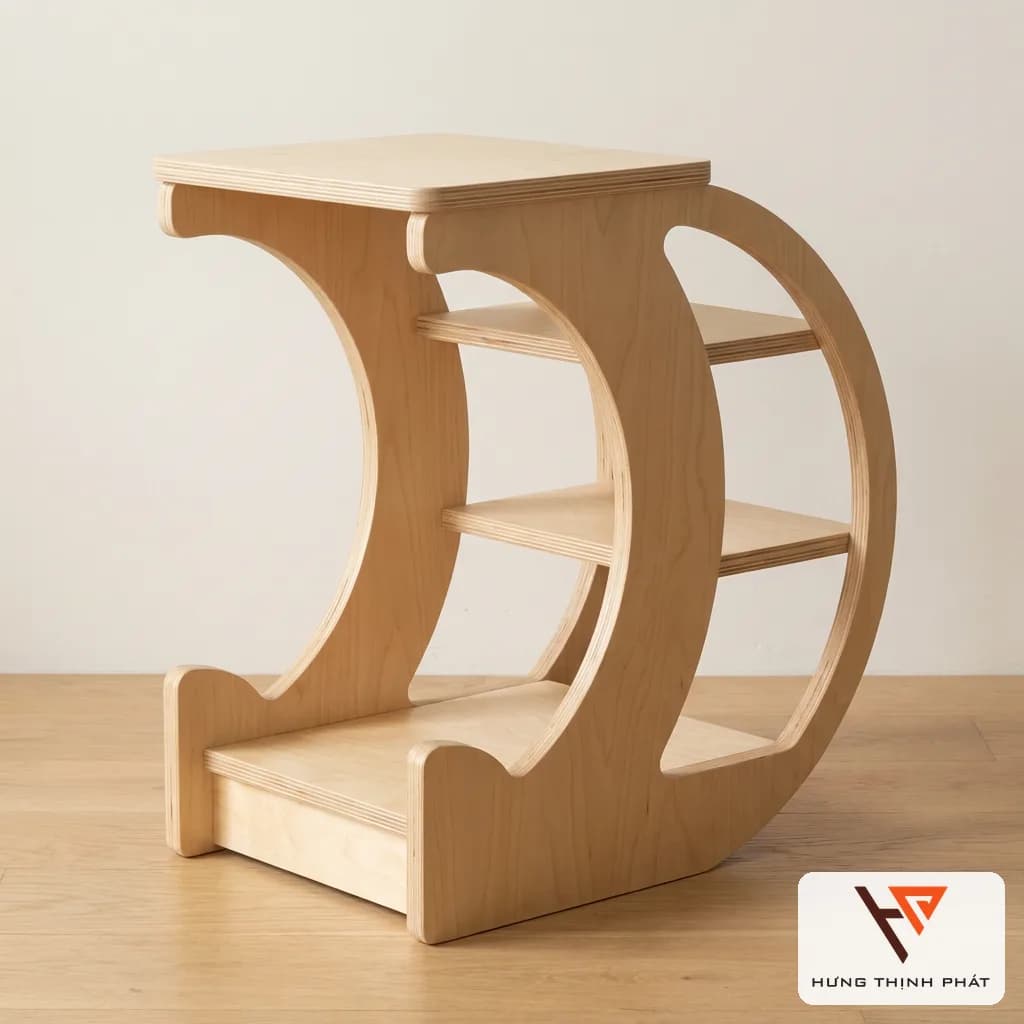 Bàn chữ C cạnh sofa có 3 ngăn kệ và ngăn bí mật – bàn trang trí thiết kế riêng, ván ép An Cường để mộc