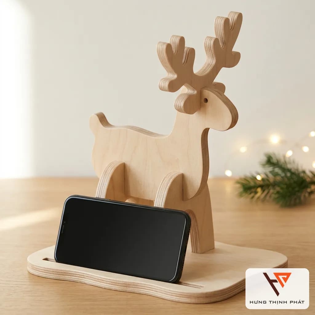 Tuần lộc để bàn kiêm giá đỡ điện thoại, iPad – trang trí Noel thiết kế riêng, ván ép An Cường để mộc