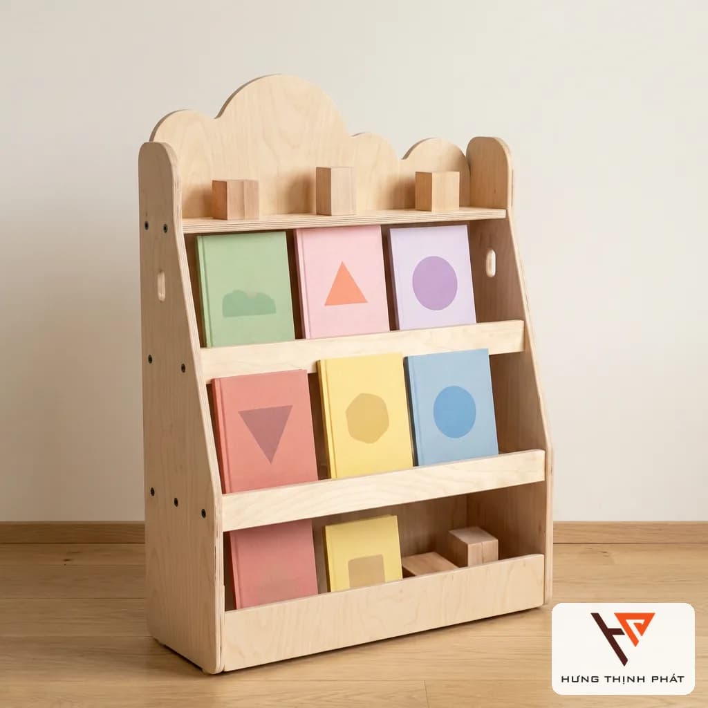 Kệ sách Montessori đám mây cho bé – kệ gỗ trưng bày sách quay bìa, hộc đồ chơi, ván ép An Cường