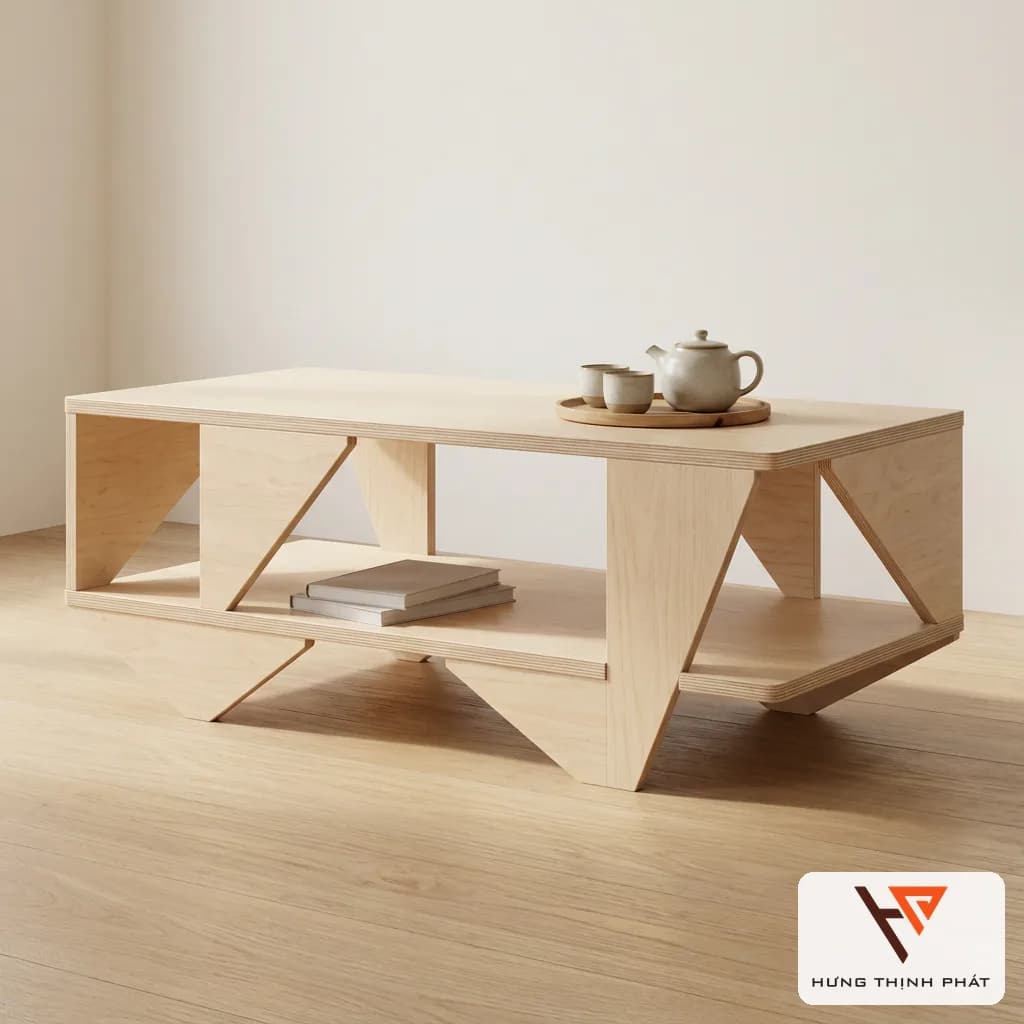 Bàn trà gỗ tam giác 110 x 55 cm – bàn sofa thiết kế riêng có đợt dưới, ván ép An Cường để mộc