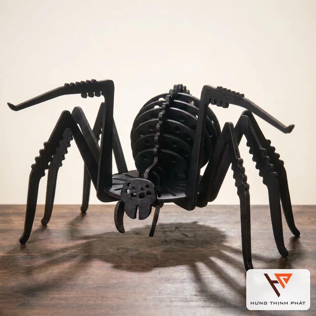 Nhện Halloween lắp ghép gỗ 20 tấm màu đen hoặc xám, trang trí bàn tiệc – kệ – treo tường, thiết kế riêng, gia công CNC tinh xảo